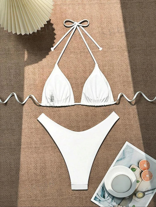 2 PCS Set UK 8-16 Size (S-XL)  8 Colors Women Thong Bikini Sexy Solid White/Black/Coffee Halter Swimsuit Lace Up Brazilian Bathing Suit New Double Fabric Beachwear