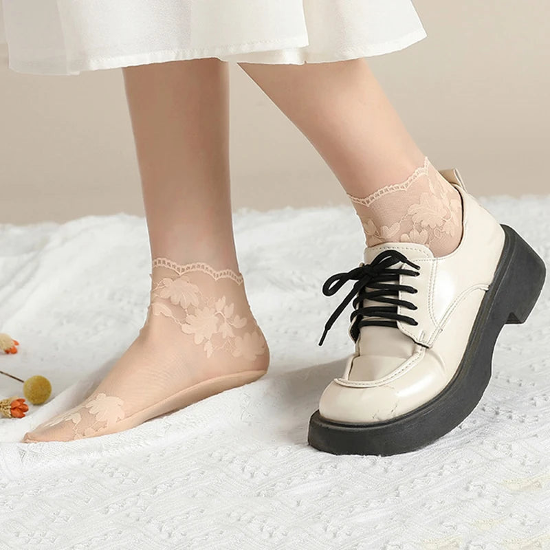 5 Pairs/Lot Socks women's Lace Transparent Lolita Invisible Summer Thin Non-slip Short  Ankle Black Low Cut Boat Sock