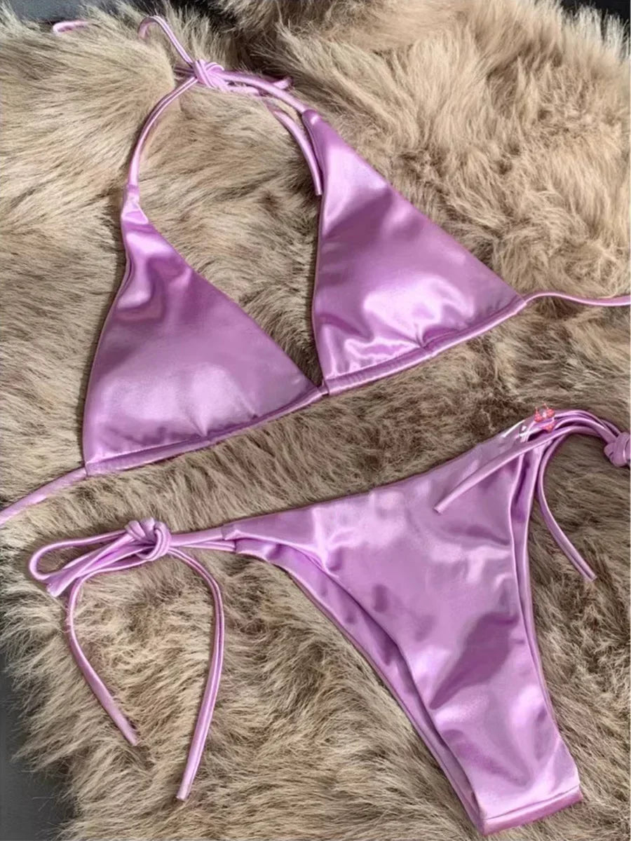 18 Colors UK Size Halter Brazilian Metallic Satin Bikini Women Swimwear Female Swimsuit Two-pieces Bikini Set High Cut Bathing Suit Swim Beachwear