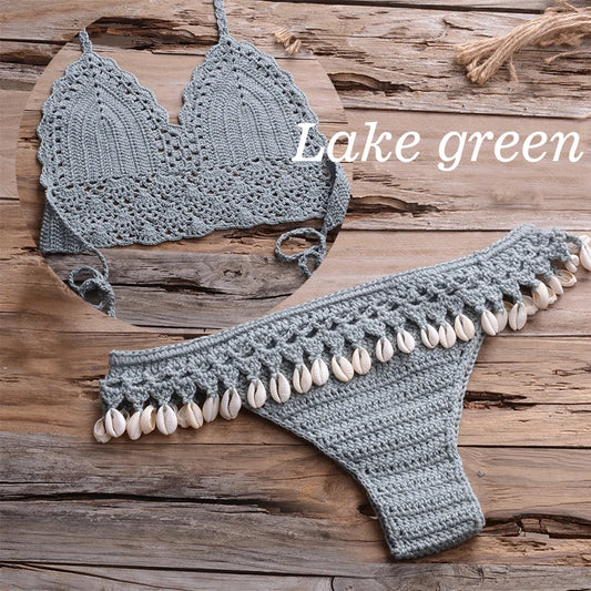 NEW Arrivals 10 Colors Handmade Sexy Women Large Size Swimwear Knitted Halter Bikini Top Bra Sexy Beach Swimsuit Hollow Bathing Suit Bikini Set Push Up Swim Thongs