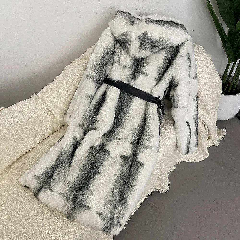 New S-3XL  Real Fox Fur Women Coat Autumn Winter Luxurious Fur Thickened Warm Hooded Real Rabbit Fur Coat Women Long Natural Fur Coat Winter Snow Streetwear Outerwear Coats Female Ladies Girls Luxury Fashion Clothing