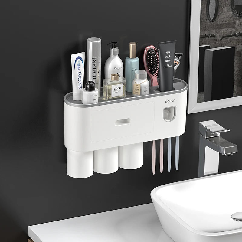 NEW Arrivals Wall-Mounted Magnetic Toothbrush Holder Automatic Toothpaste Dispenser Strong Adsorption Magnetic 5 Cups Bathroom Accessories Sets