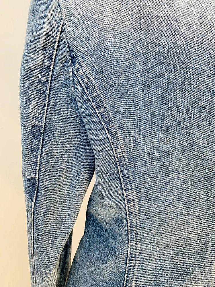 Newest  Designer Jacket Women's Slim Fitting Double Breasted Lion Buttons Denim Blazer