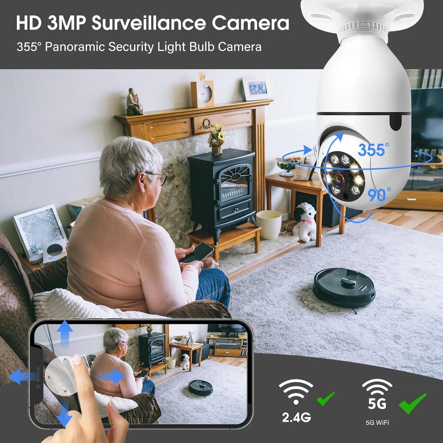 YCC365 5G Wifi 1080P E27 Bulb Surveillance Camera Indoor 4X Digital Zoom AI Human Detect Full Color Night Vision Wireless Camera