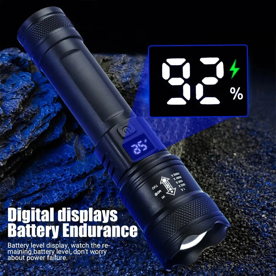 3 PCS Set 500m Lighting Distance Rechargeable LED Flashlight 10000LM Zoomable Torch Waterproof 5 Modes with LCD Display  Charging for Camping Hiking Night Walking Emergency Tools