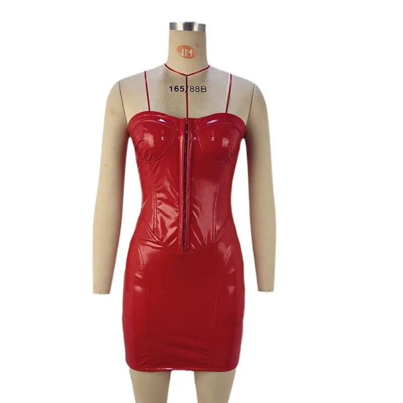 Just Arrived New Strapless Wrap Around PU Leather Mini Dress Sexy Backless Waist Cinched One Shoulder Street Style Short Skirt for Women Evening Party Night Clubwear Prom Clothes