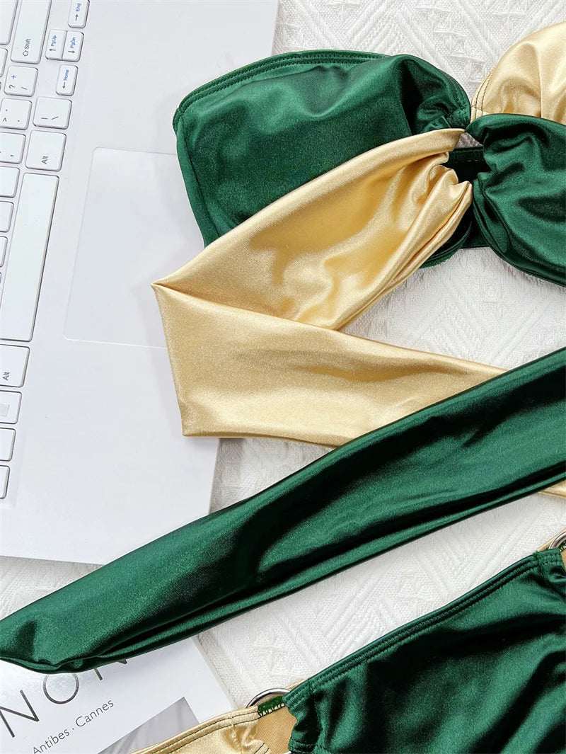 Green Gold Bikini Sexy Strapless Bandeau Swimwear Women Brazilian Swimsuit Thong Biquini Bandage Bathing Suit
