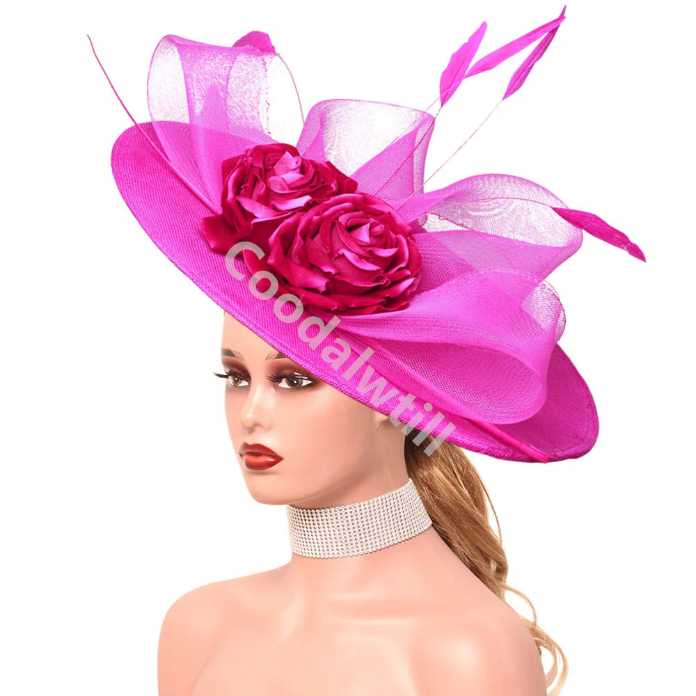 15 Colors Flower Big Royal Ascot Race Ladies Fascinator Luxury Hat Elegant Women Evening Wedding Party Business Dinner Opera Concert Red Carpet Headpiece Bride Wedding Headwear Apparel Accessories