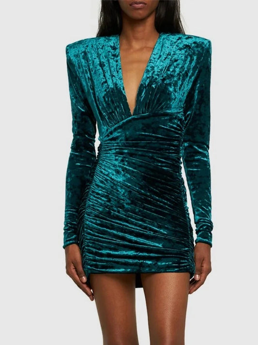 NEW Arrivals Women Female Sexy V-Neck Long Sleeve High Waist Folds Mini Dress Women Cypress Green / Purple Velvet Pleat Bodycon Dress Elegant Evening Party Gown Night Club Outfits Girls Ladies Luxury Fashion Clothing Supplies