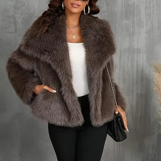 NEW BIG SAVE S-3XL Women's Luxury Italian Style Cropped Faux Fur Jacket Plush Warm Long Sleeve Winter Snow Clothes Supplies  Fur Coat Girls Jacket Shaggy Furry Outerwear with Pockets Female Ladies Luxury Fashion Clothing Prod