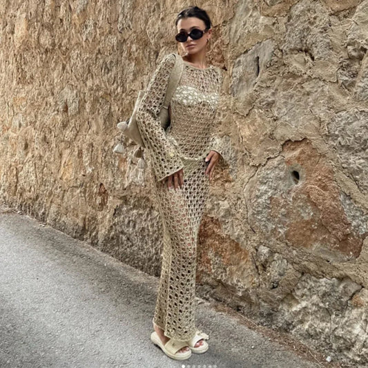 NEW Arrivals Black/White/Khaki Color Sexy Round Collar Long Sleeve Wrap Dress Knitting Hollow Out Beachwear Cover Up Summer Holiday Beach Elegant Long Dress