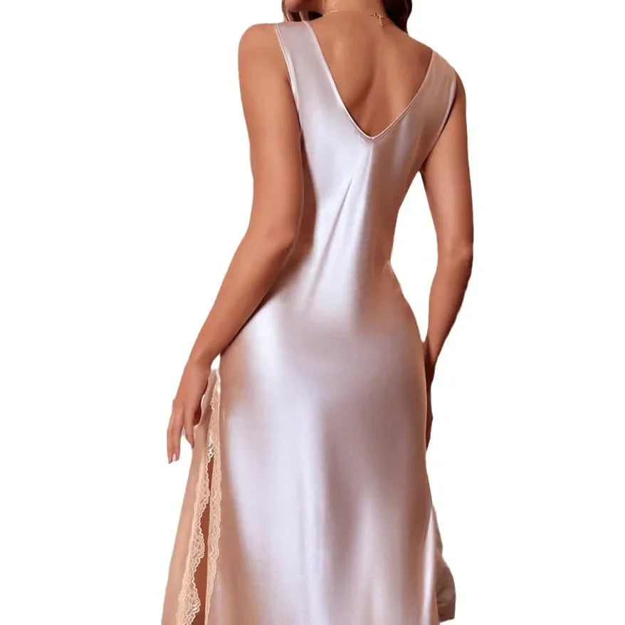 NEW Sexy Deep V-Neck Split Silk Rayon Champagne Nightdress Female Long Satin Nightgown Sleepwear Home Dressing Gown Loose Casual Satin Nightwear Lounge Wear