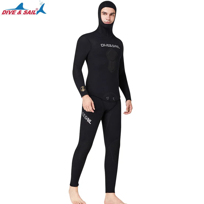 7MM Neoprene Material Thick and Warm S-3XL Extra Plus Size Women Men Wetsuit Top Quality Hooded Split Professional Thermal Diving Suit Water Sports Kitesurf Spearfishing Snorkeling Surfing Suit