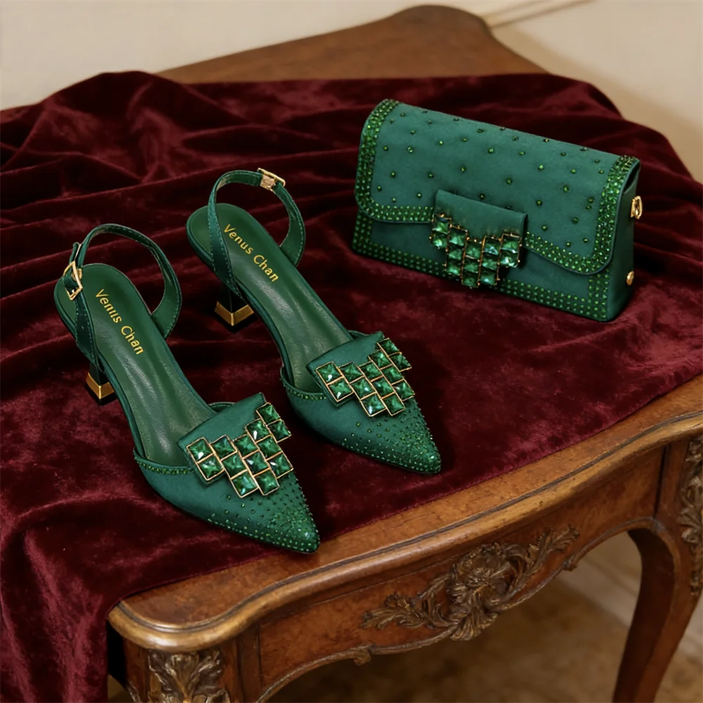 7 Colors Luxury Stylish Rhinestones High Heel Shoes & Matching Handbag - Elegant Pointed-Toe Footwear for Women, Ideal for Parties