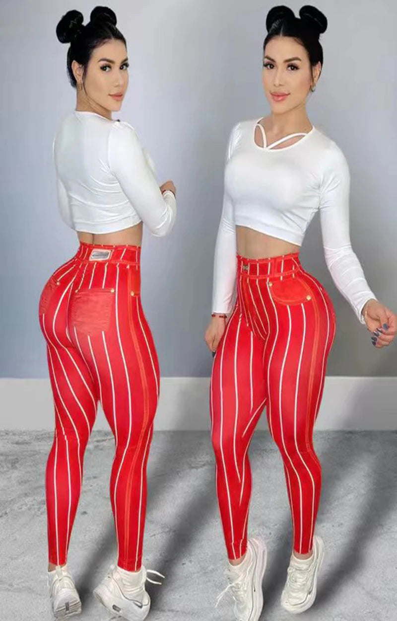 Women High Waist Sports Leggings Stripe Print Stretchable Yoga Pants Sexy Tight Fitness Workout  Gym Push Up Causal Pant