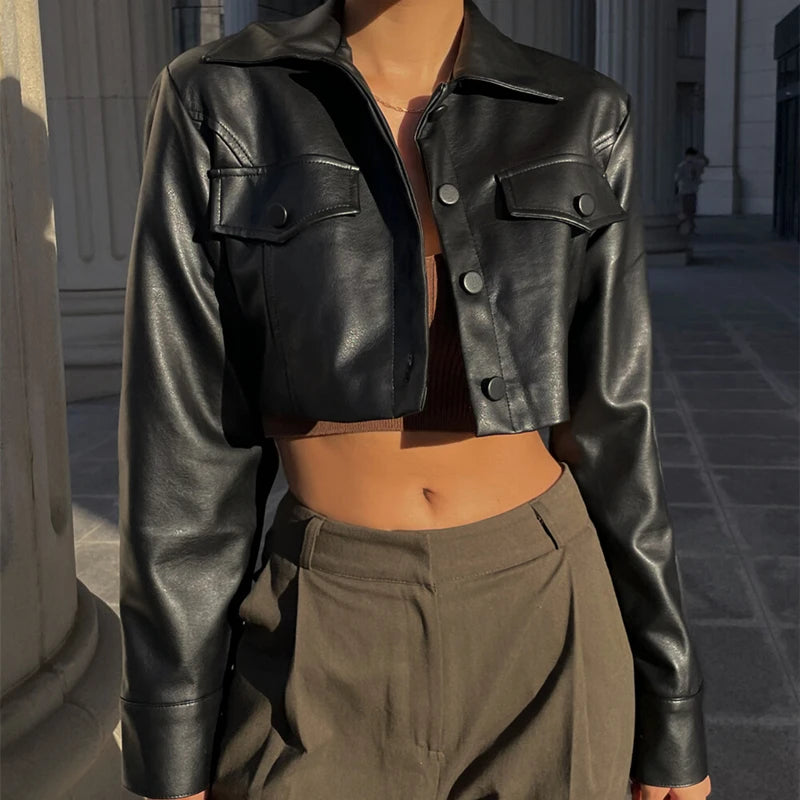 Autumn Faux Leather Short Jacket Turn-down Collar Fashion Botton Decoration Coat Grunge Street Casual Coats
