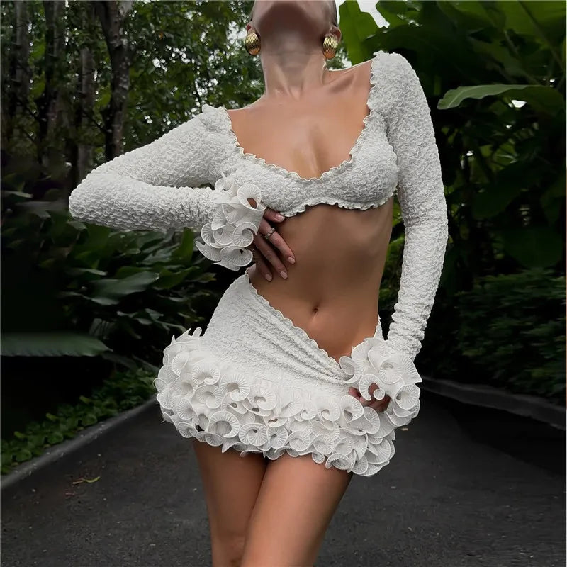2 PCS Set Autumn Spring Summer Ruffles Super Short Crop Tops V-Neck Sheath Mini Skirts Brand Design Evening Beach Party Night Clubwear Outfits