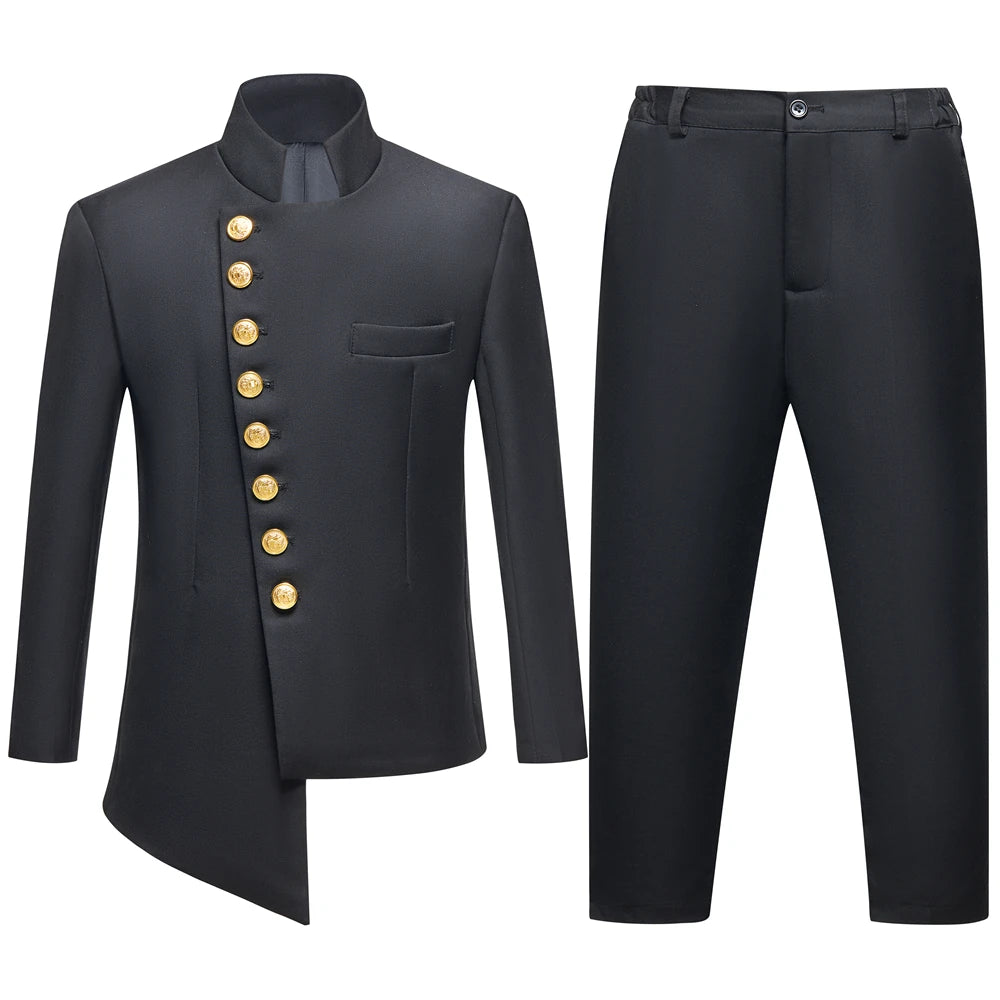 2 PCS Set 3Y-14Y Children Kids' Suit Set: Royal Blue/Black/White Color  Jacket with Gold Buttons & Pants, Wedding Guest Evening Birthday Party Formal Outfit for Boys