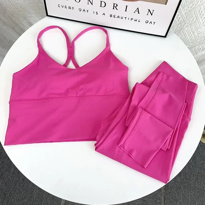 2 PCS Yoga Set 7 Colors Sportswear Fitness Suits Sexy Cross Back Yoga Tops Elasticity High Waist Leggings Running Sports Clothing👚👍️