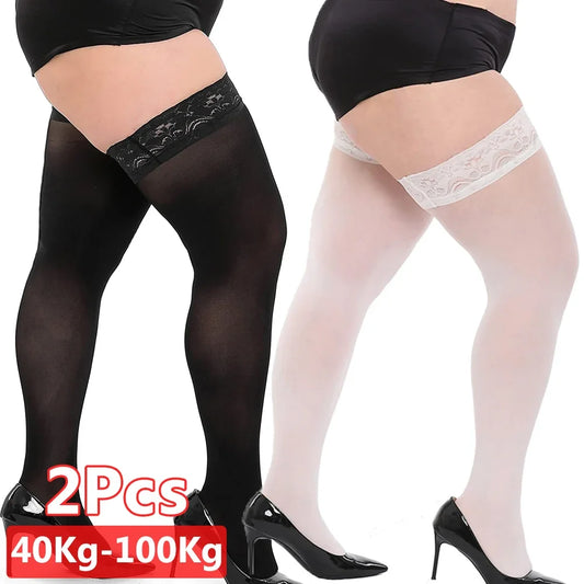 2 PCS Set 4 Colors for Curvy Ladies Big Women Sexy Thigh High Long Socks Stockings Plus Size Lace Top Over Knee High Elastic Stockings Silicone Anti-Slip Pantyhose Female Underwear Accessories