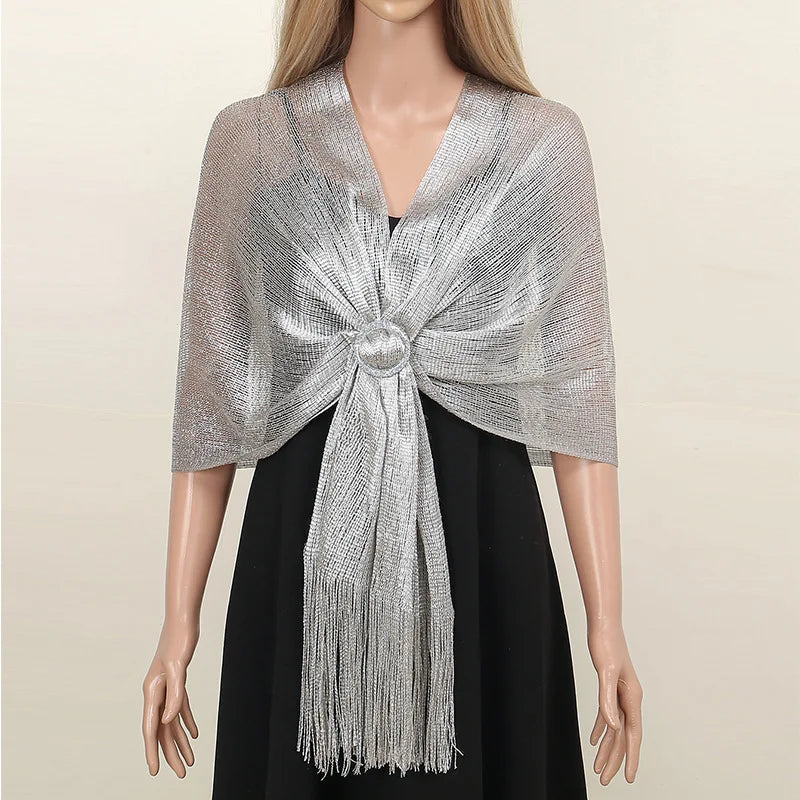 Sparkling Metallic Scarf with Buckle Female Evening Party Shawl Elegant Gold Silver Shiny Shawls for Bridal Wedding Wraps