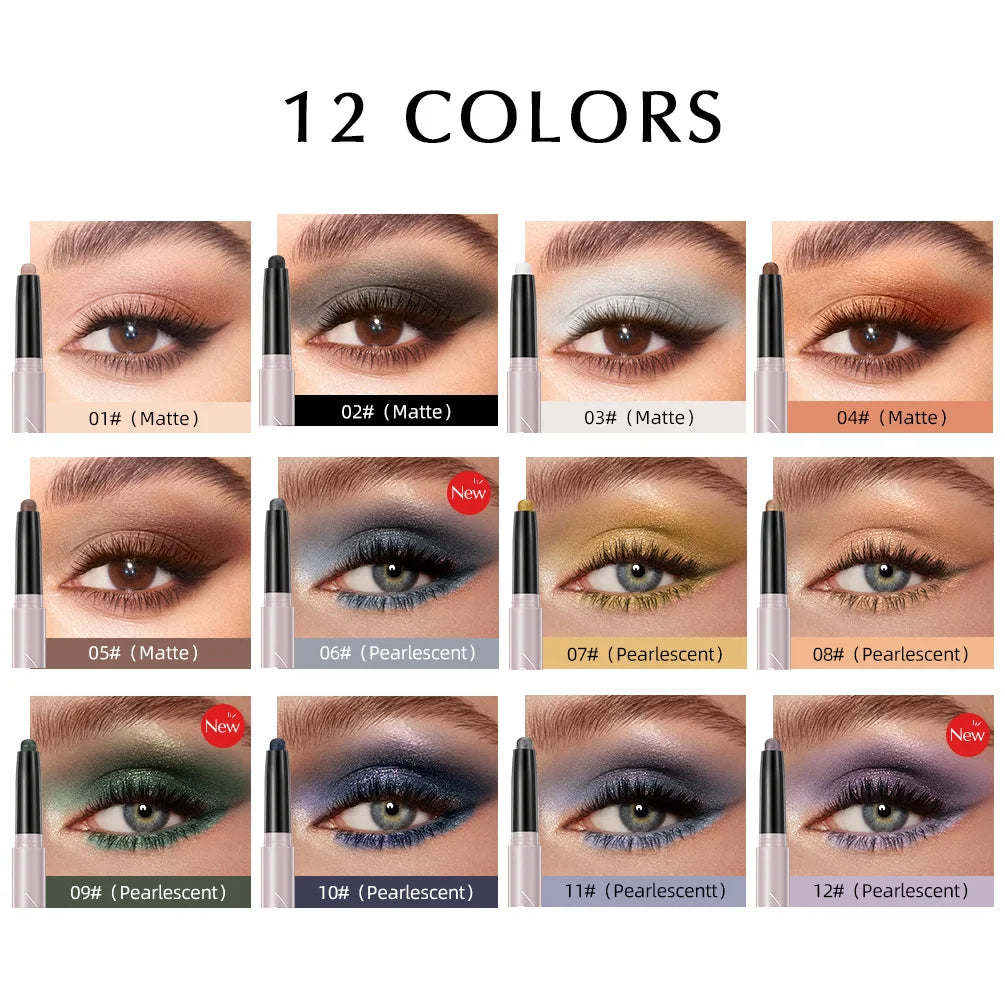 12 Colors Lazy Eye Shadow Stick Pearl Glitter Brightening Highlight Eyeshadow Silky Long Lasting Shimmer Makeup Matte Tool