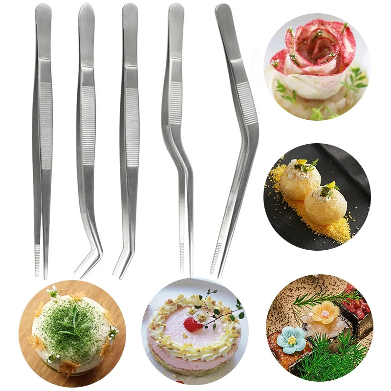 5 PCS Set Cooking Tongs Tweezers Set, Food Grade Stainless Steel, Non-Slip Bent Tip, Food Tongs, For Plating Cooking Baking, Home Use Outdoor Barbeque Camping Cooking Accessories