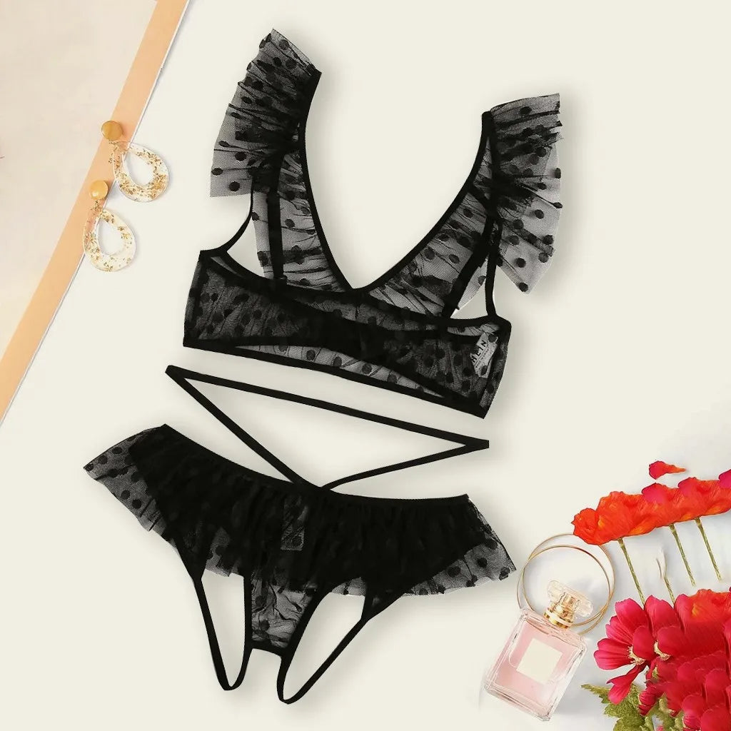 Women Intimates Blacklace Lingerieset Plus Size Ultra-Thin Bra Set Underwear Set Cooling Breathable Sleepwear Lingerine Outfit