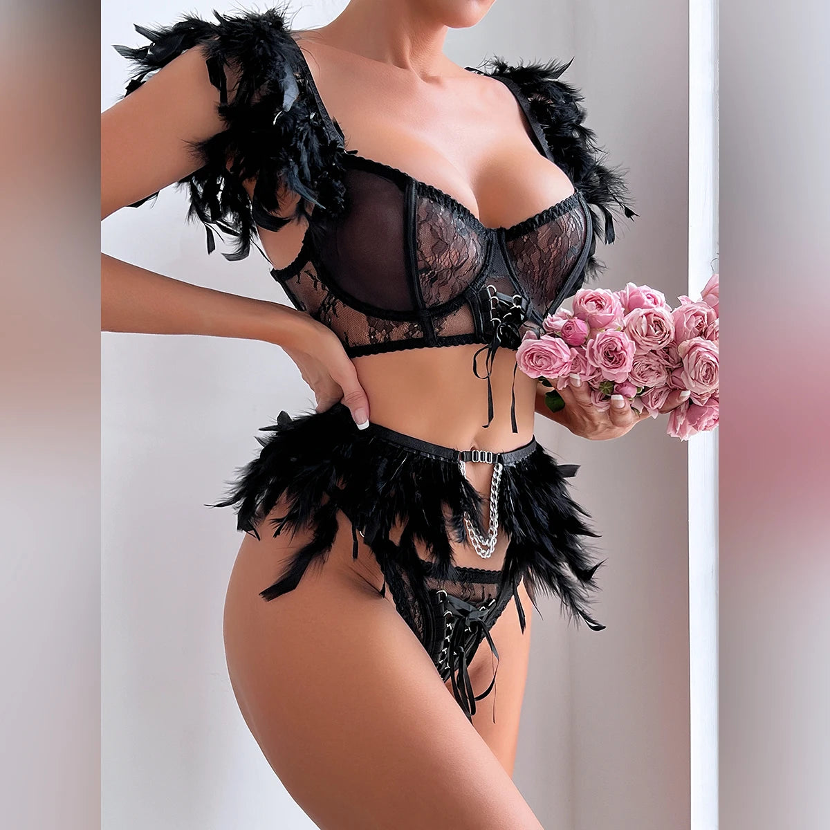 Koltailace Halloween Feather Black Seductive Sexy Underwear Strap Stitching Chain Three-piece Set