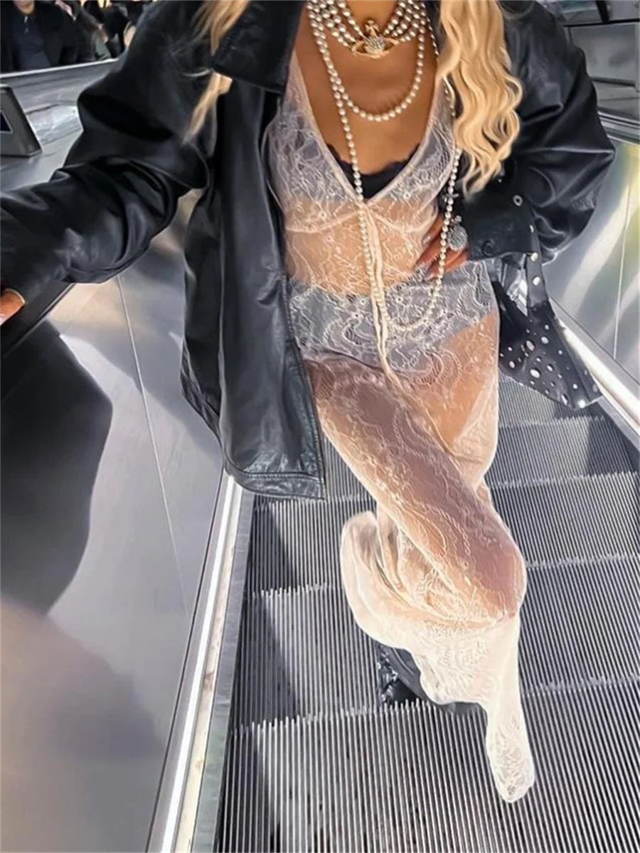 NEW Arrivals Sexy See-Through Lace Floral Sheer Tank Dress Summer Women's Y2K Sleeveless V-Neck Cover-Up Long Dress Streetwear Evening Beach Party Night Clubwear Dress