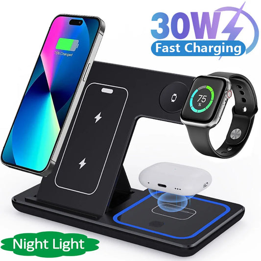 3 in 1 Wireless Charger Stand 30W LED Foldable Wireless Charger For iPhone 16 15 Pro Max iWatch 8 7 Airpods Charge Dock Station for Home Office Electronic Accessories Sets