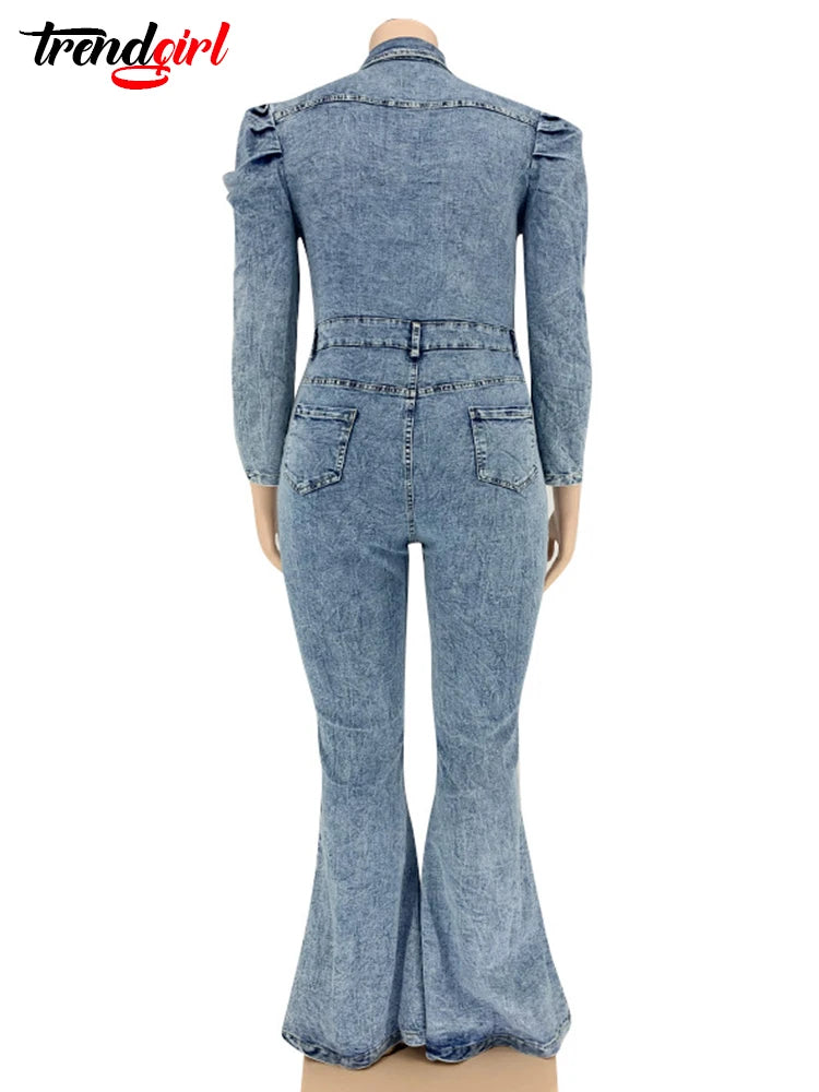 Trendgirl Oversize Long Sleeve Jumpsuit Women Denim Wash Fashion Loose One Piece Flared Pants Jeans Streetwear Female Overalls