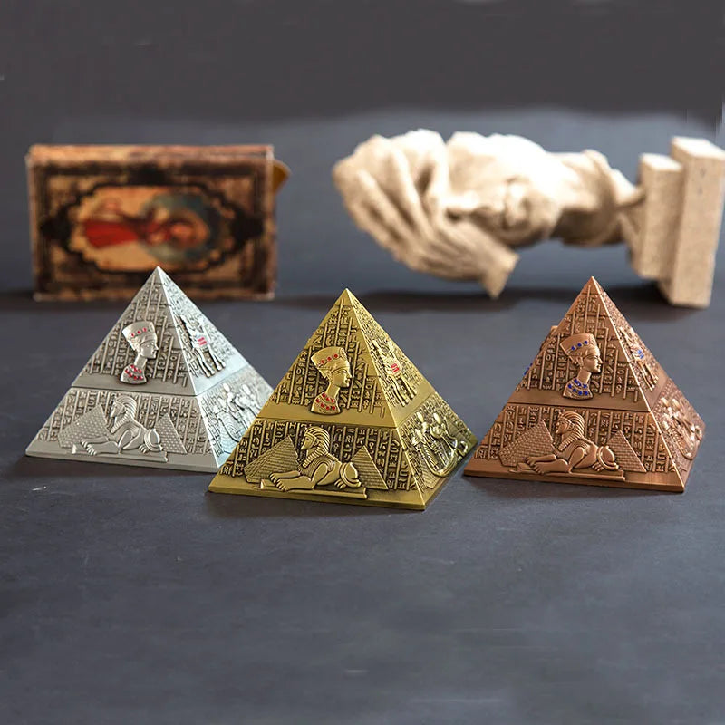 Egyptian Tutankhamun Pharaoh Bronzer Pyramid Metal Ashtray, Creative Candle Holder for Home Club Hotel KTV, European Style Decorative Sculpture