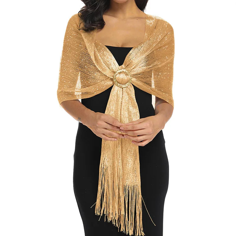 Sparkling Metallic Scarf with Buckle Female Evening Party Shawl Elegant Gold Silver Shiny Shawls for Bridal Wedding Wraps
