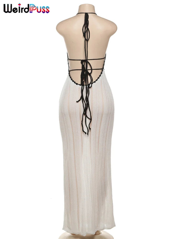 NEW Arrivals Sexy Elegant Halter Dress Women Female Summer Evening Beach Party Night Clubwear Backless Lace-Up Color-Block Sleeveless Trendy Ladies Girls Wild Fashion Clothing Supplies