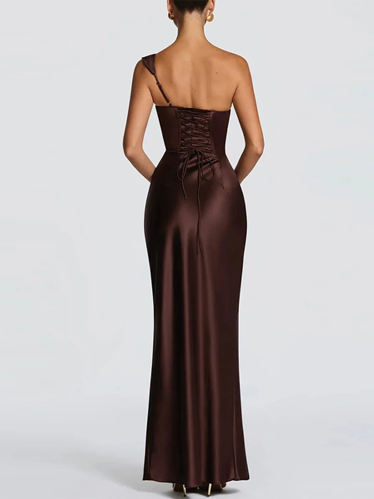 S-XL 3 Colors One Shoulder Satin Women 's Maxi Dress Cowl Neck Ruched Waist Bodycon Dresses Summer Woman Formal Evening Party Wedding Guest Outfit