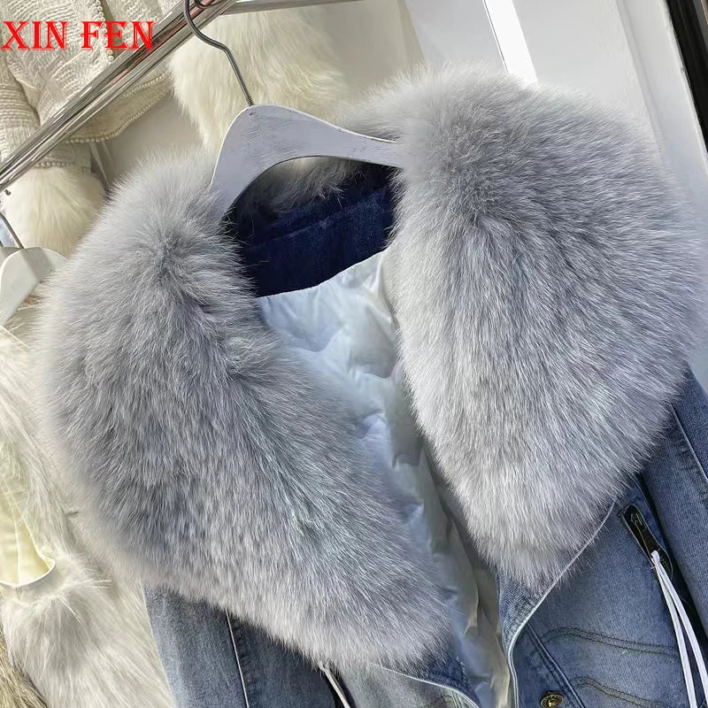 Winter Women New Luxury Natural True Fox Fur Big Collar Goose Down Denim Down Jackets Short Warm Casual  Jacket Coat