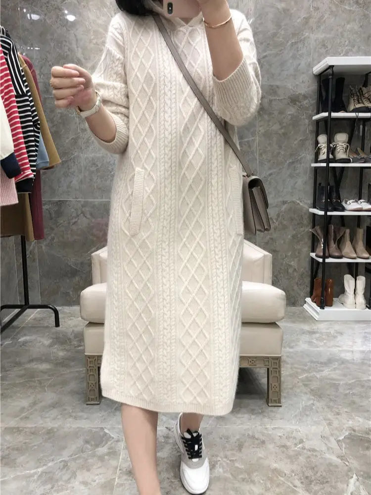 Pure Goat 100% Cashmere S-2XL Size Knee-Length Dress with Hoodie Knitted Bottoming for Autumn And Winter 100% Warm Comfortable Knitwear