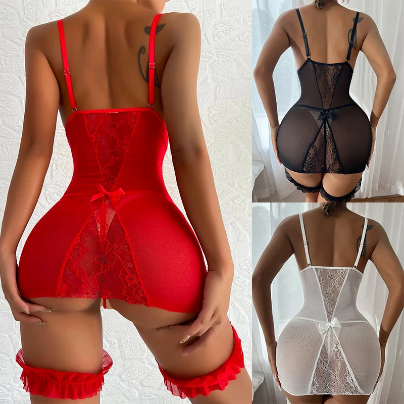 NEW Arrivals S-XL Black/Red Color Sexy Underwear For Woman Red Mesh Transparent Bra Garters + Brief Set Sexy Crotchless Baby Doll Dress Deep V Erotic Lingerie Set