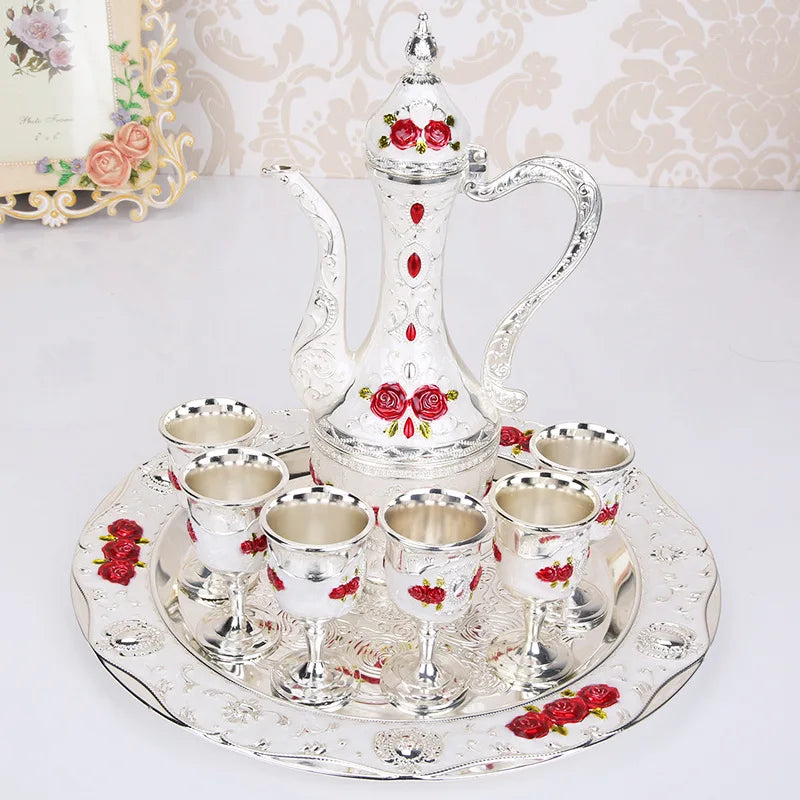 New Arrival 8 Colors Elegant Golden White Wine Set Court Wine Jug Cups Plate Set Home Bar Exquisite Decor