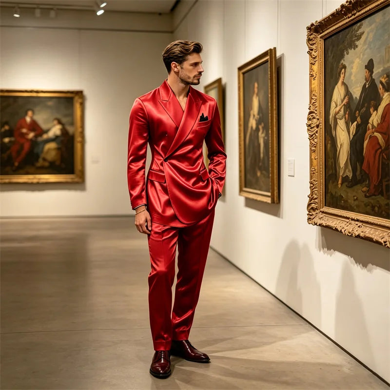 8 Colors 2 PCS Set S-7XL Extra Plus Size Men's Luxury Satin Suit Asymmetrical Wrap Peak Lapel Silk Suit One Button Slim Fit Blazer Pants Wedding Celebrity Red Carpet Business Formal Evening Luxury Outfit