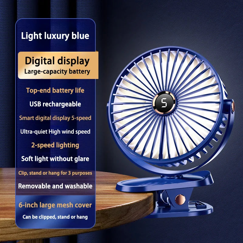 8000mAh Clip-On Whirlwind Fan 5 Speed Quiet Rechargeable Desktop Portable Air Circulator Wireless Fan With LED Light For Home Office Desktop Outdoor Camping Cooling Accessories