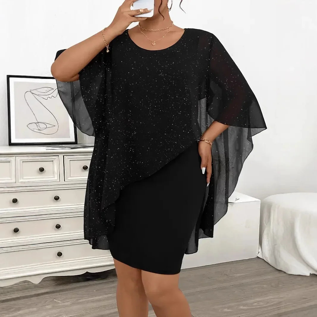 NEW Arrivals XL-4XL Plus Size Silver Heat Transfer Asymmetrical Chiffon Shoulder Wrap Black Dress Curvy Women's Fashion Cross-Border Large Code Formal Evening Dress