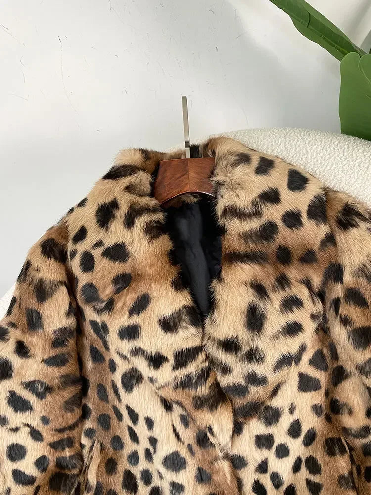 Real Natural Rabbit Fur Coat Leopard Short Jackets New Fashion Turn-Down Collar Outerwear Streetwear Leopard Winter Jacket Women Thick Warm Elegant Coat Female Girls Winter Luxury Fashion Clothing Products
