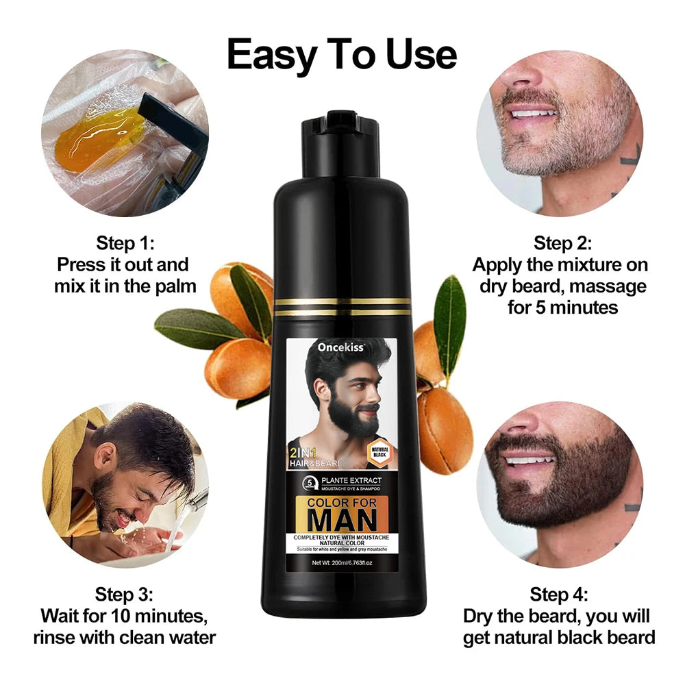 NEW Brown/Black Color Natural Long Lasting 200ml Permanent Beard Dye Shampoo for Men Beard Dying Removal White Gray Beard Hair Men Beard Dye Shampoo Men Grooming Supplies