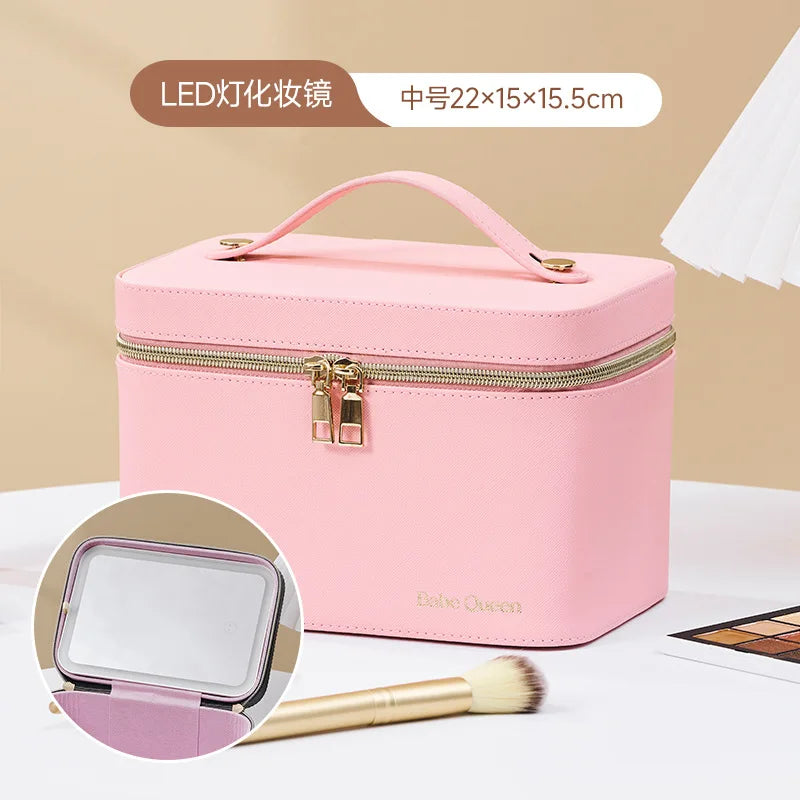NEW Arrivals 10 Colors  LED Strip Light Mirror Make-Up Storage Case, Portable Large-Capacity Professional Cosmetic Bag