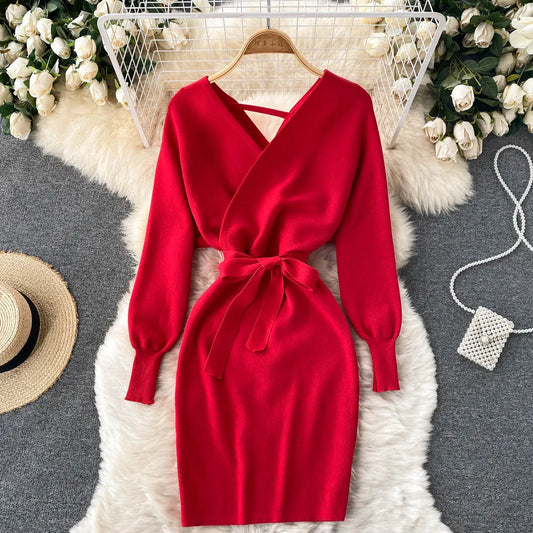 Women Dress Autumn Winter Elegant Sash Bandage Bodycon Mini Dress Chic Fashion Knitted Ladies Dresses Party