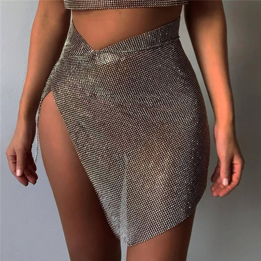 NEW Arrivals 6 Colors Glitter Rhinestone Metal Chain Mini Sexy Skirt For Women Sexy Side Slit See Through Party Skirt Rave Festival Outfits