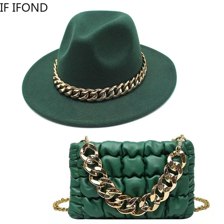 Women Oversized Chain Accessory Bag And Fedoras Hat 2-piece Sets Fashion Luxury Party Wedding Jazz Hat