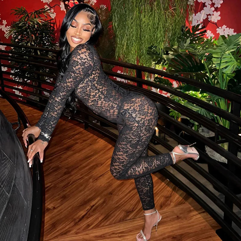 Just Arrived Sexy Black Lace See Through Long Sleeve Bodysuit Jumpsuit Women Clothes Night Clubwear Slim Fit One Piece Bodycon Mesh Playsuit
